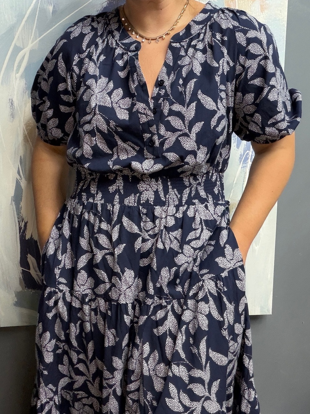 Chico’s Poplin Smocked Waist Maxi Dress Floral Blue Lyocell Cotton Size 1 (US 8)